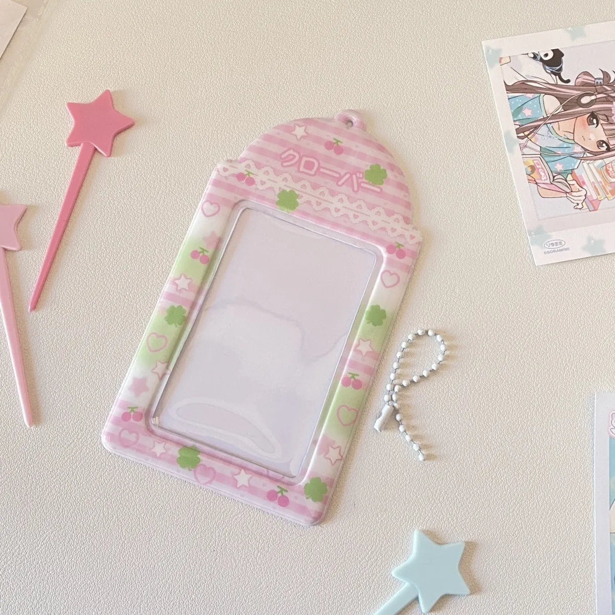 Plaid strawberry PVC meal card holder display pendant measuring 7.6cm by 13.6cm