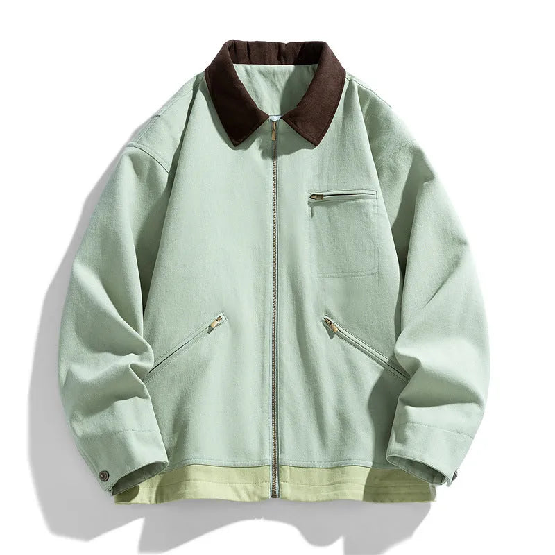 Korean-style men's casual jacket with contrast lapels and side seam pockets in mint green colour