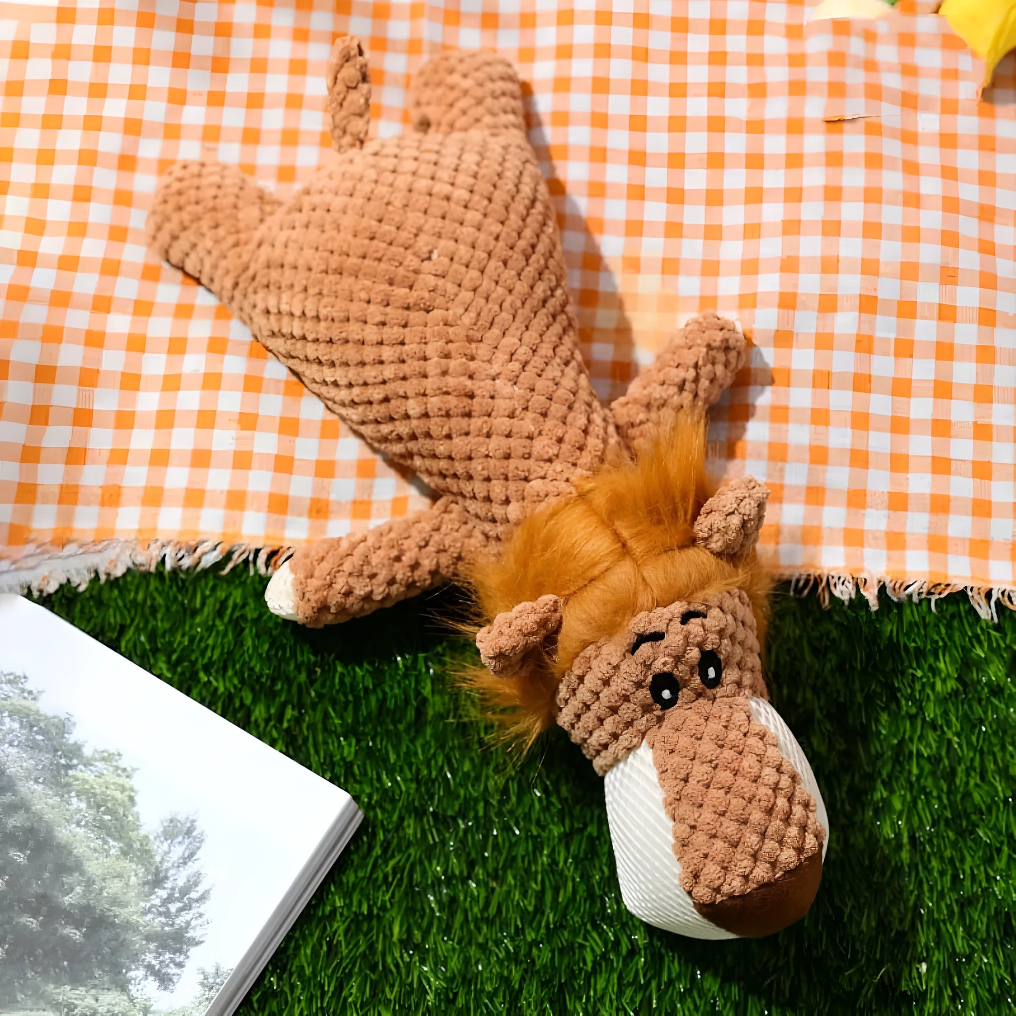 Corn cob shaped plush dog chew toy with textured kernels and squeaker