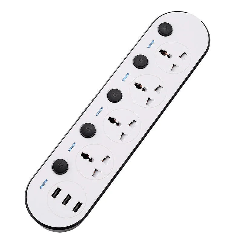 Multi-switch power strip with international sockets, USB ports, and a long cable on a desk.
