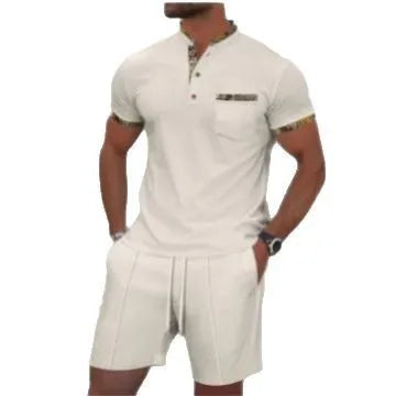Men's waffle textured polo collar short sleeve suit set in cotton blend fabric with matching top and shorts