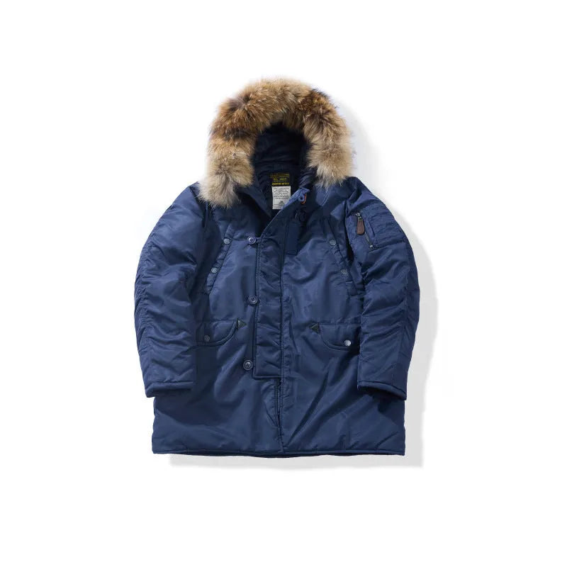 Men's thick winter parka coat in solid colour with detachable collar and loose fit