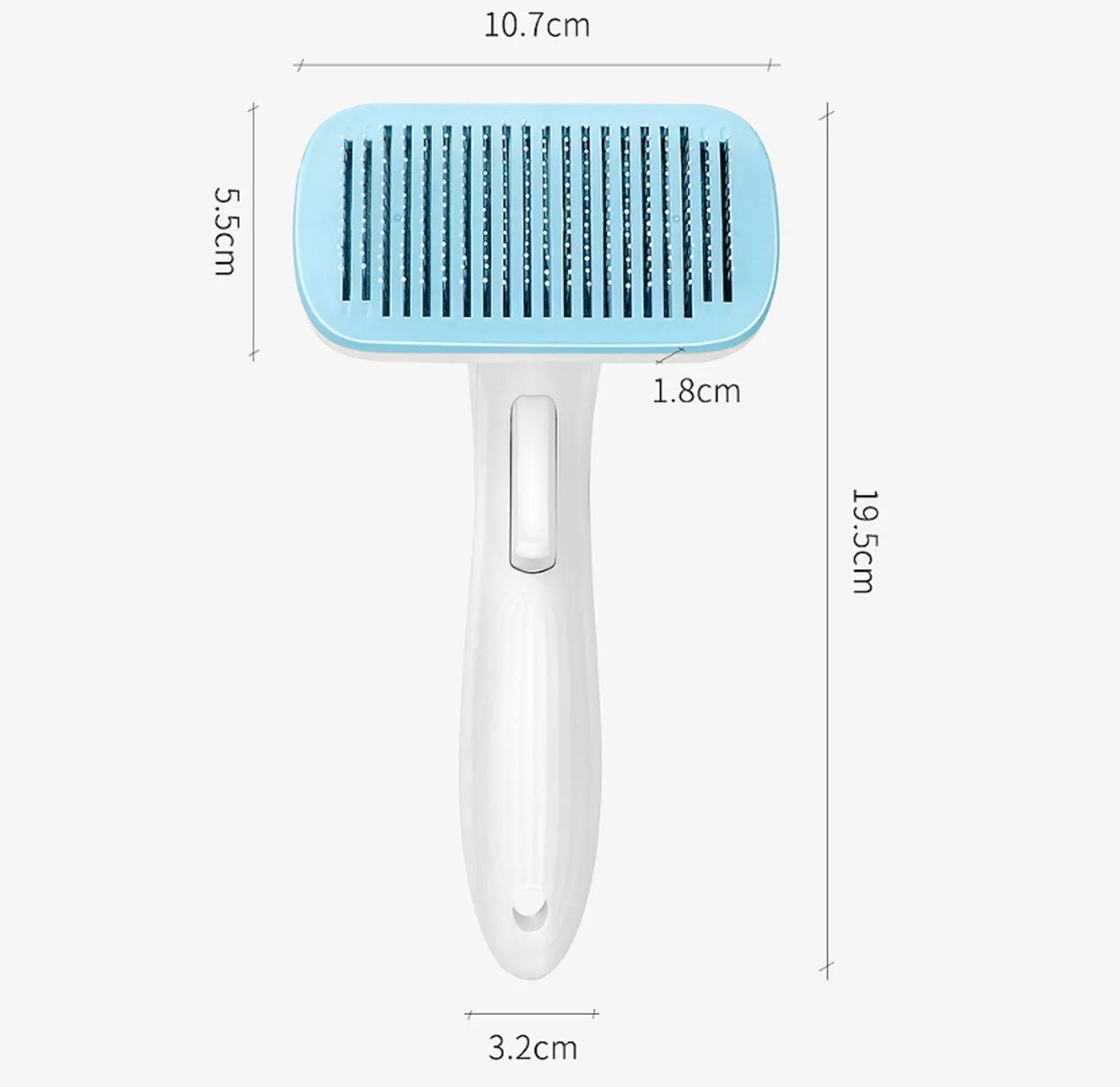 Automatic pet hair removal comb for dogs and cats in blue, grey, green, or pink with one-click needle technology