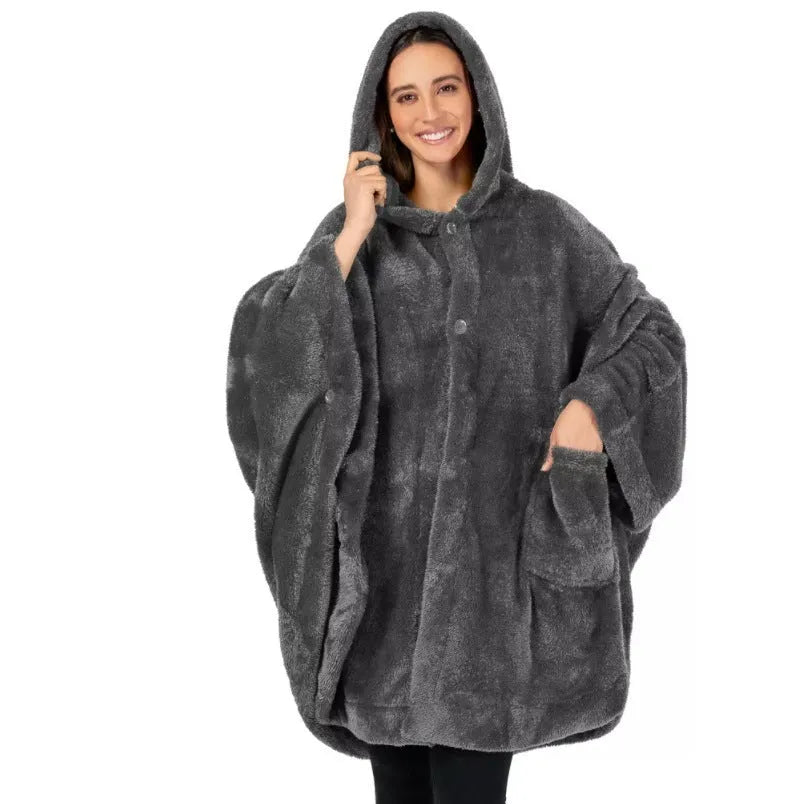Thick hooded cloak bathrobe in black, dark grey, or pink colours with long sleeves