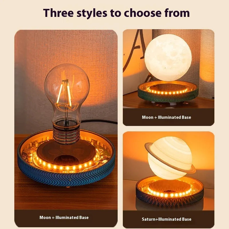 Magnetic suspension moon lamp floating above base with 3D printed celestial design
