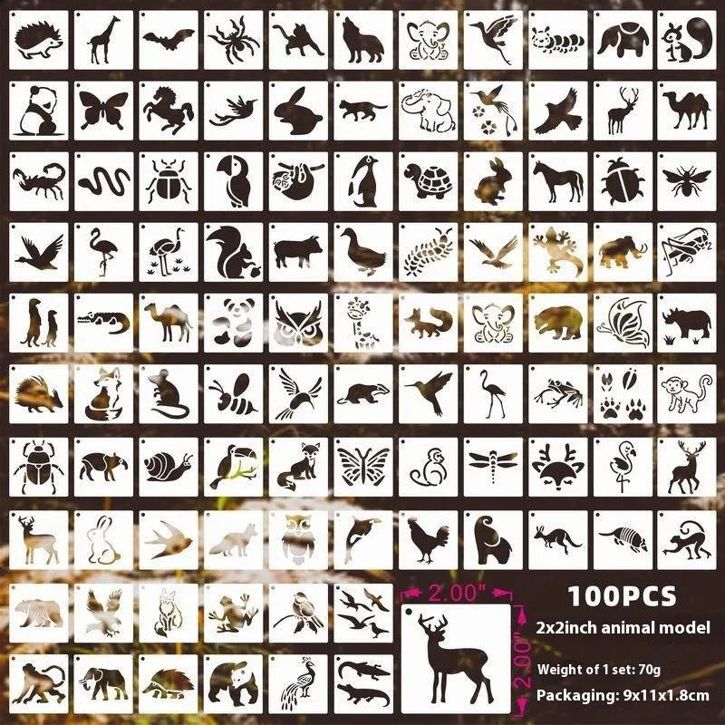 Milky white PET film stencil templates showing flower, leaf, ocean, animal, and letter designs for spray painting