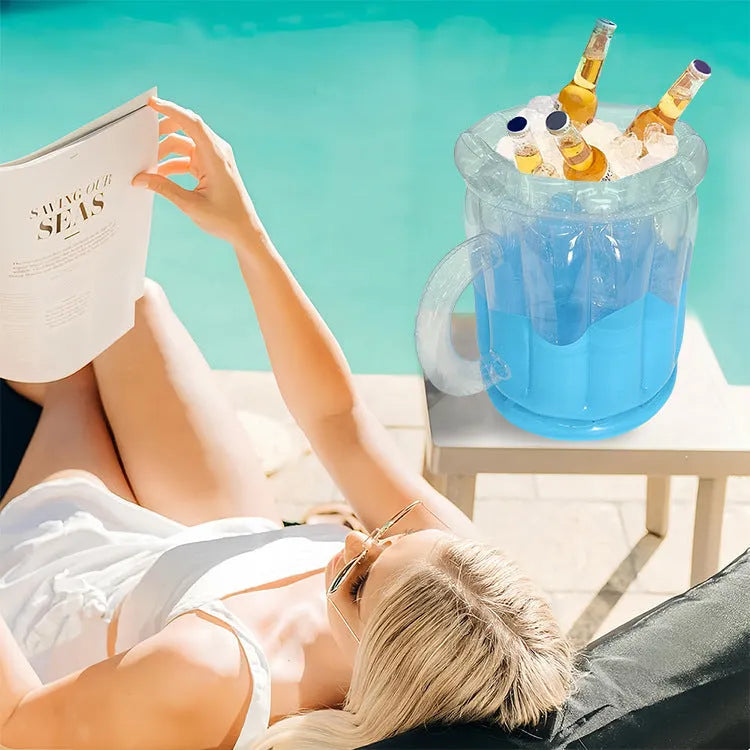 Yellow inflatable PVC ice bucket designed for cooling beer steins at outdoor events.