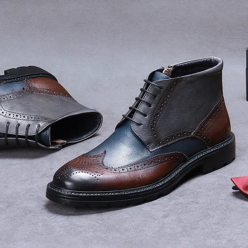 Men's coffee blue leather brogue boots with colour-blocking design and low square heel