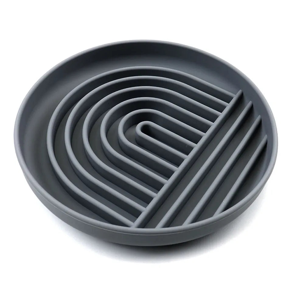 Silicone slow feeder dog bowl with textured ridges, shown in charcoal ash colour.