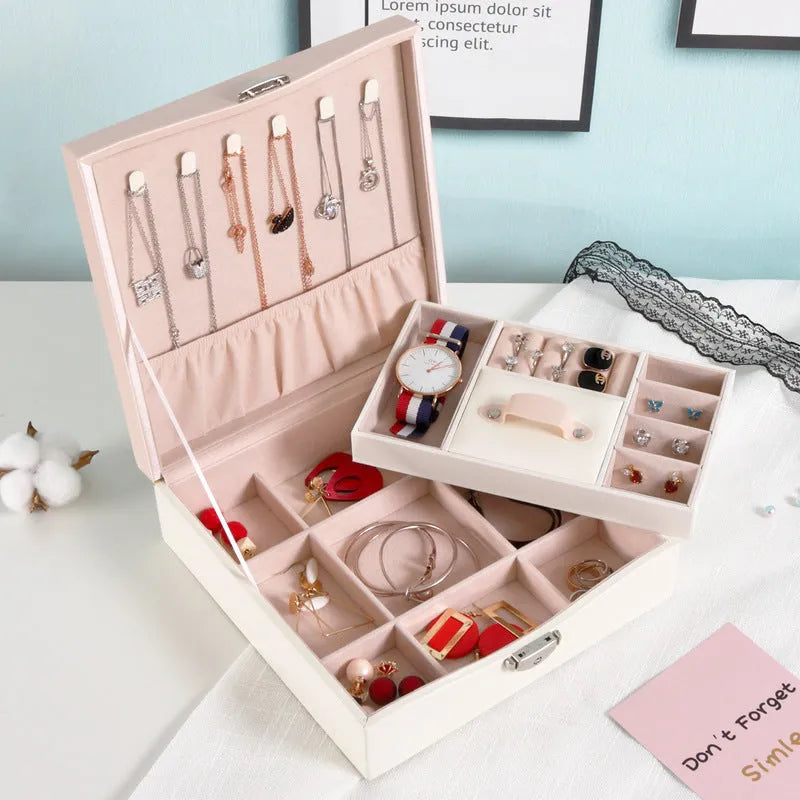 Large capacity red or white PU leather jewellery storage box for necklaces and rings