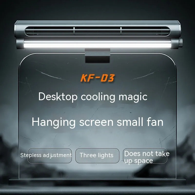 Black bladeless USB clip fan with LED light mounted on laptop screen showing compact design