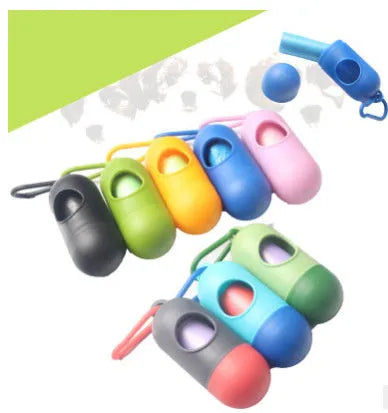 Small square dog waste bag dispenser with a metal side hook, shown in various colours.