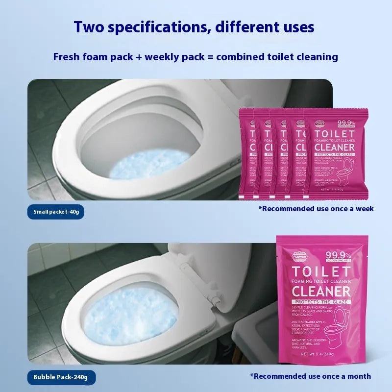 Toilet bubble descaling and anti-blocking powder in blue or pink fragrance, showing box of sachets and large bag options.