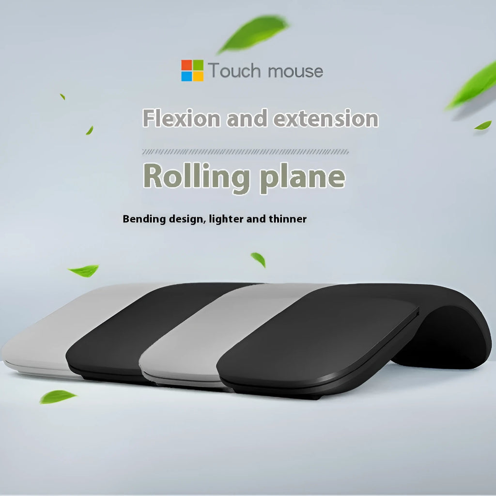 Folding touch wireless mouse in black showing compact folded and unfolded positions with Bluetooth connectivity