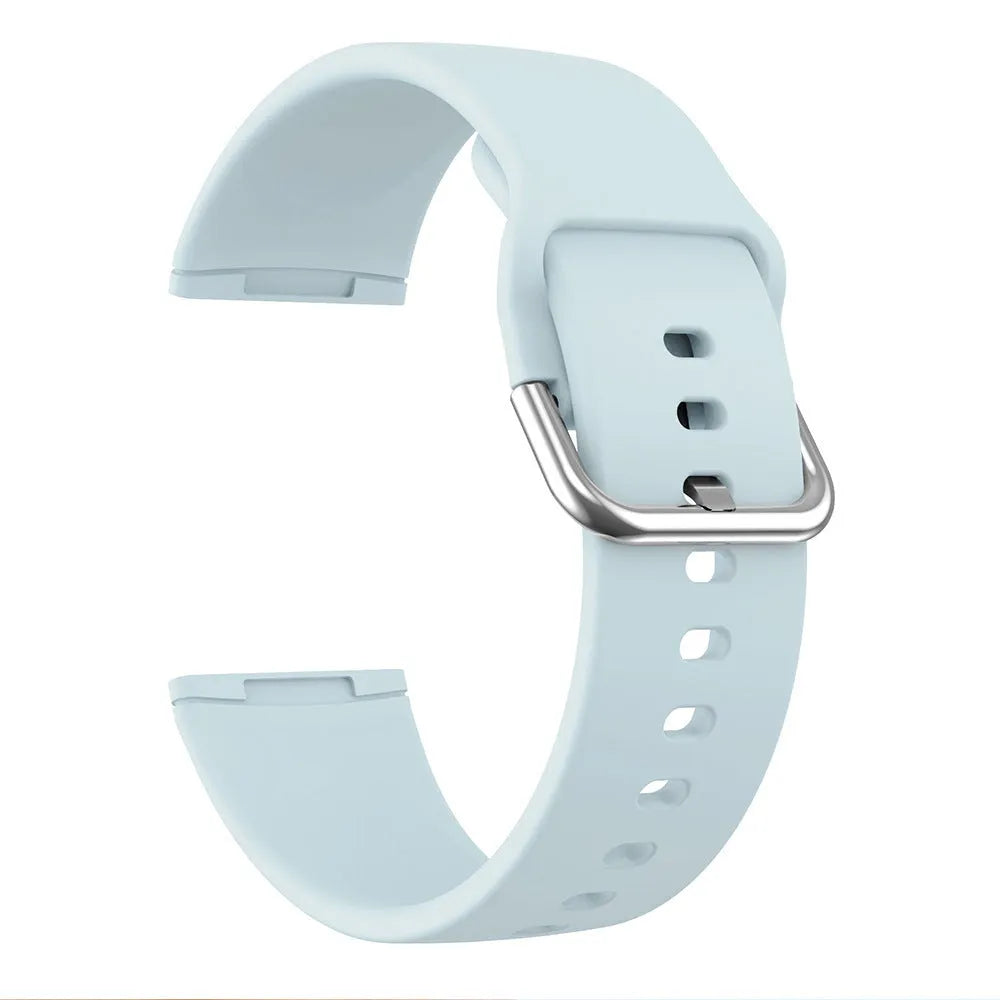 Silicone replacement strap with silver buckle for Fitbit Versa 3 and Sense 2 in a selection of solid colours.