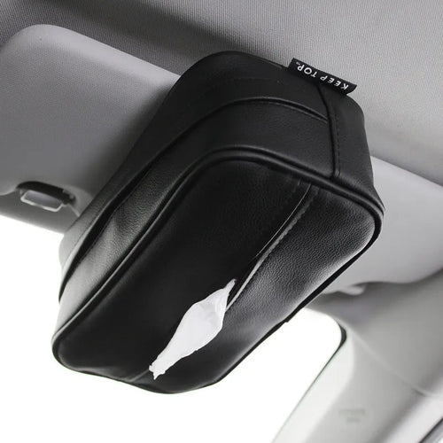 Black PU leather car hanging organiser box with elastic closure on lid.