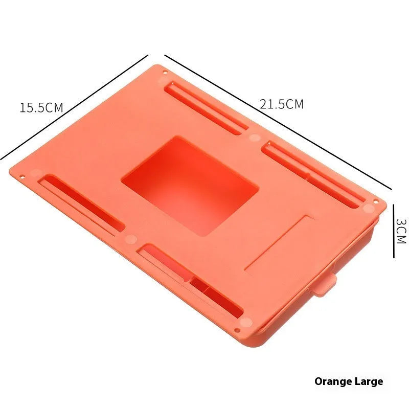 Adhesive plastic storage drawer with lid and internal grid divider for under-desk organisation