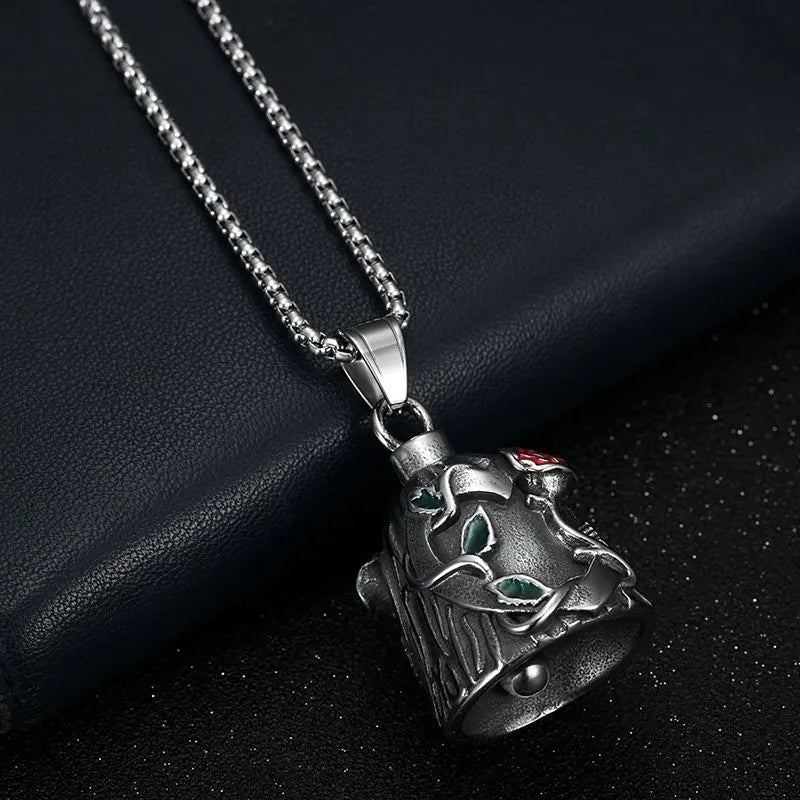 Titanium steel motorcycle riding lucky bell with vintage polished finish and double-sided epoxy rose design