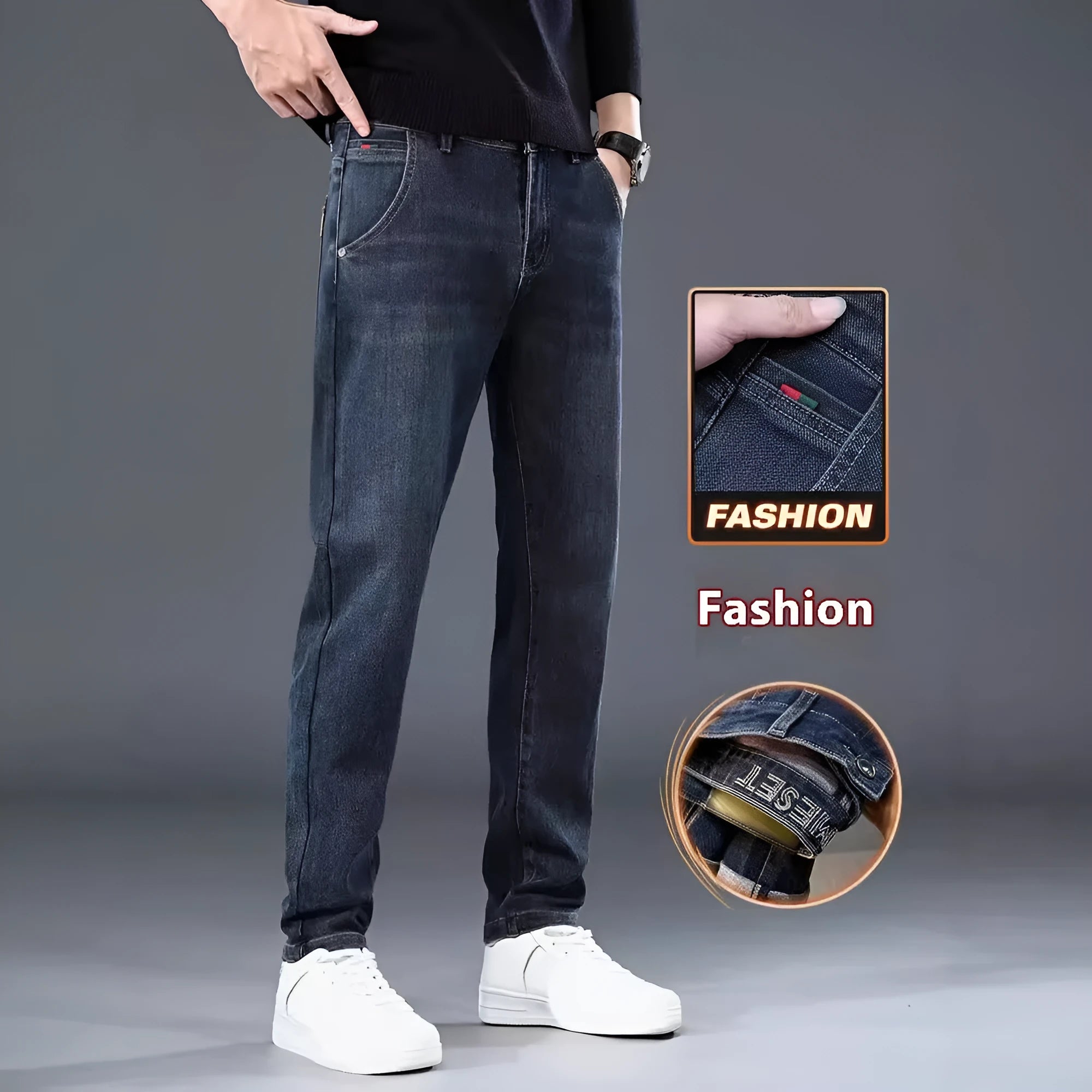 Men's slim straight casual trousers in micro-elastic polyester fabric, mid-waist design with zip fly