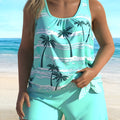 Women's plus size coconut tree print swimsuit with central split design in briefs style.