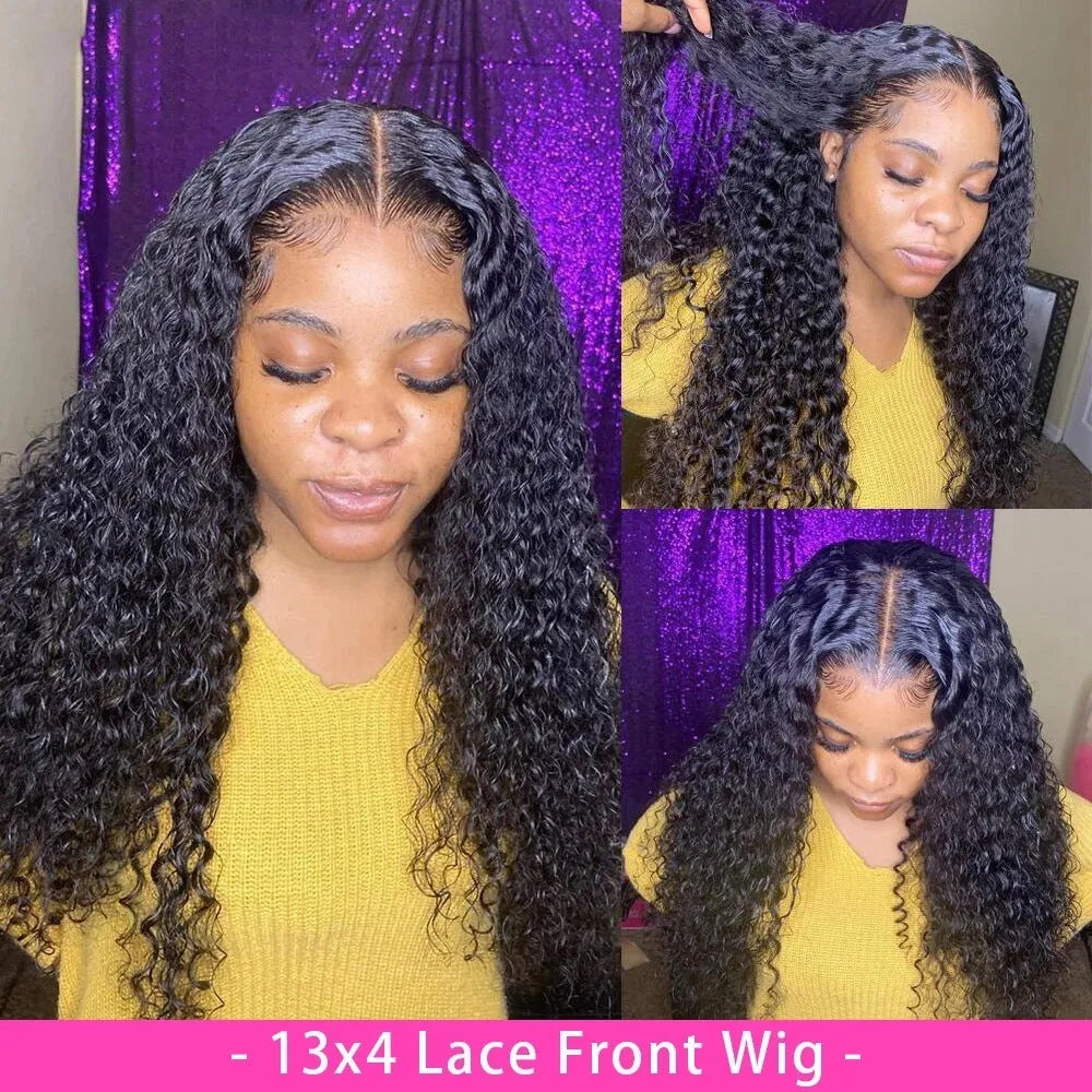 Curly human hair lace front wig on a stand, showing 13x4 lace and long length.