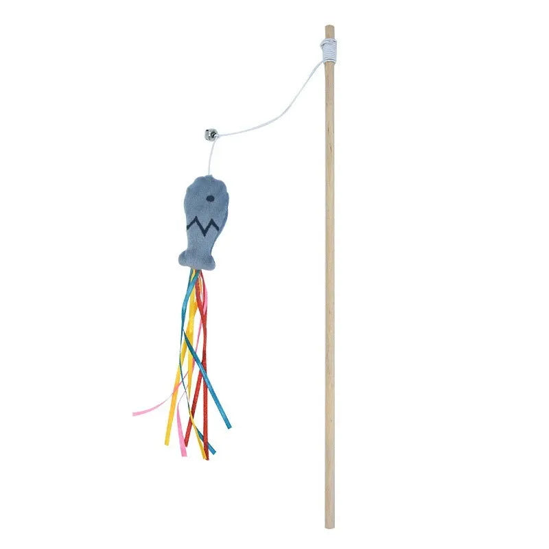 Interactive cat wand toy with wooden handle, colourful ribbons, catnip fish, and a bell.