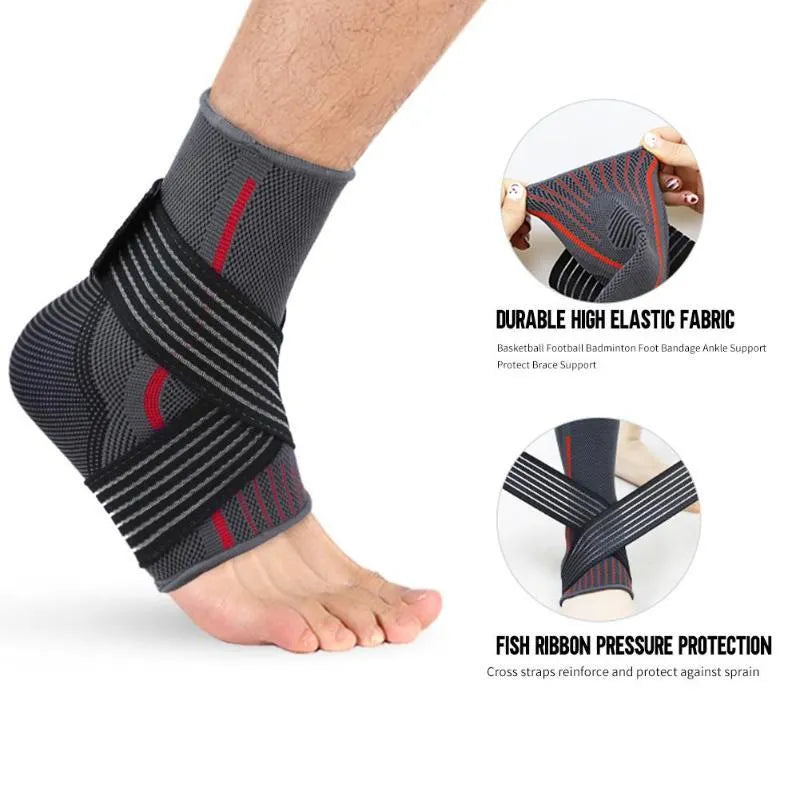 Red nylon ankle support brace with adjustable straps and 3D braiding for sprain protection