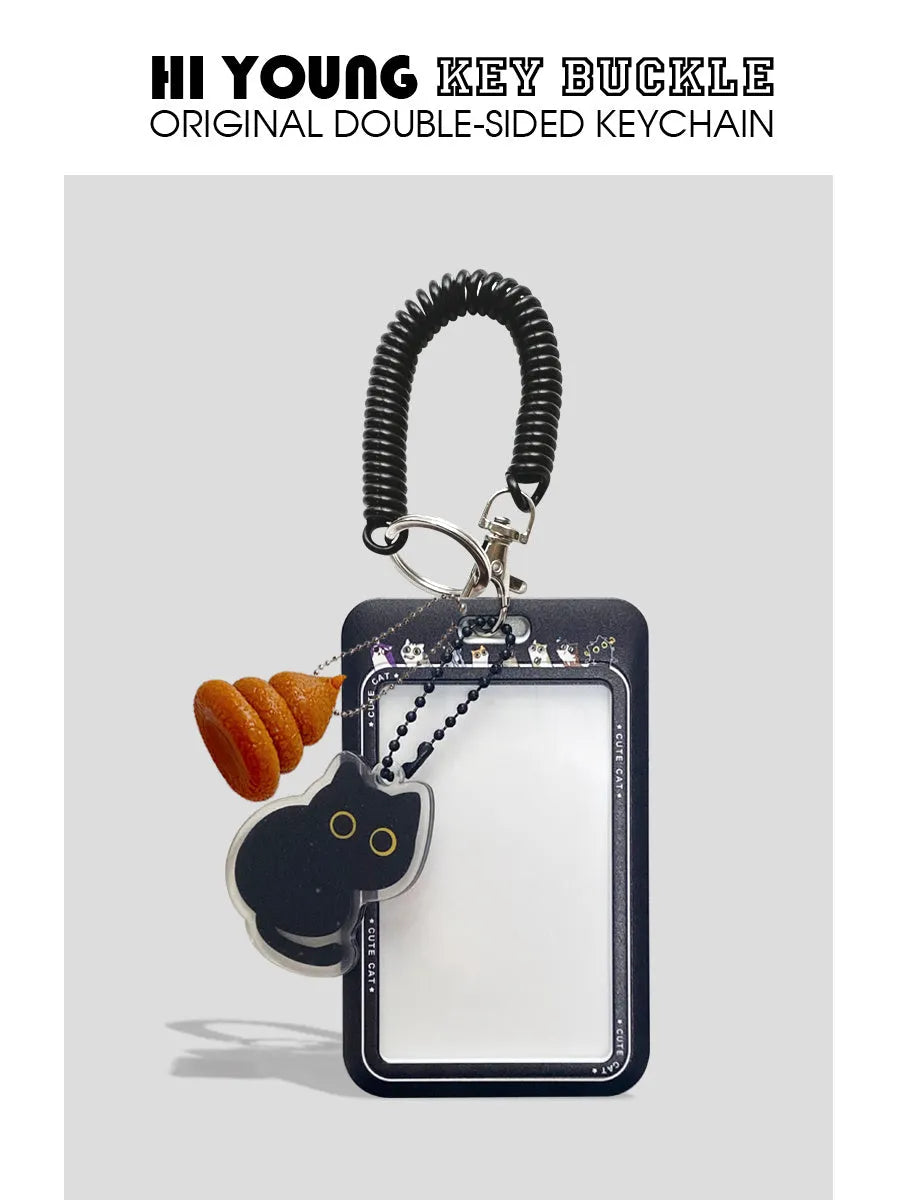 Cute black cat cartoon plastic card holder with retractable clip and ferrule pendant.