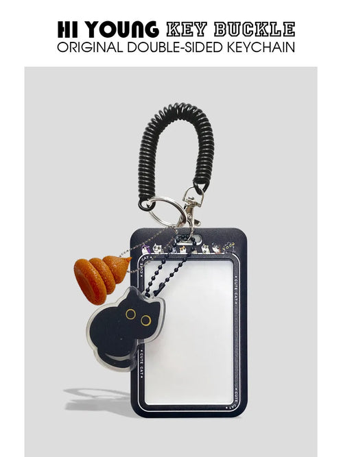 Cute black cat cartoon plastic card holder with retractable clip and ferrule pendant.