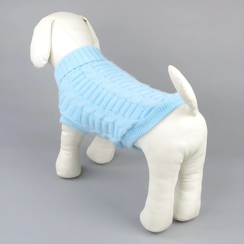 Solid colour acrylic dog sweater in red on small dog with knit fabric