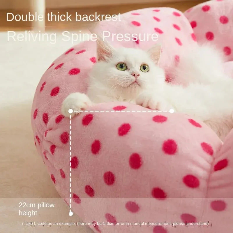 Pink dot patterned fabric cat bed shown in two sizes: 45cm and 65cm diameter.