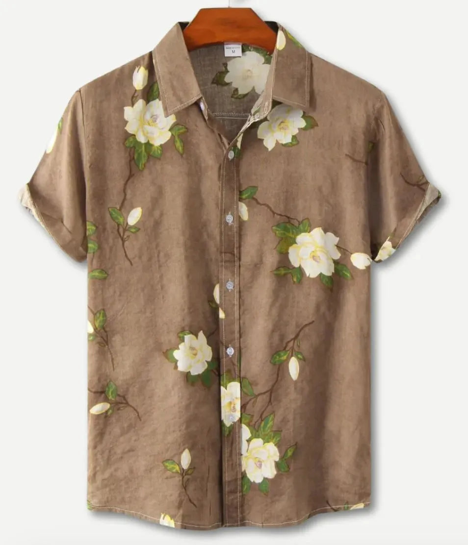 Hawaiian print short sleeve shirt with lapel collar showing floral digital printing on elastic polyester fabric