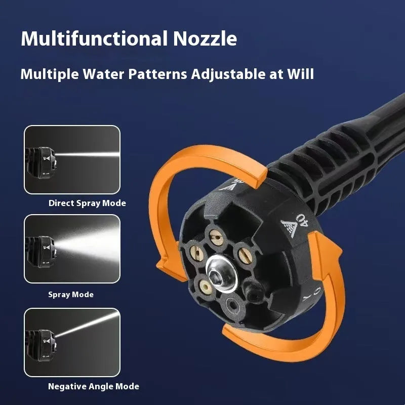 Wireless high-pressure water gun in green colour with six-in-one nozzle and accessories for household cleaning