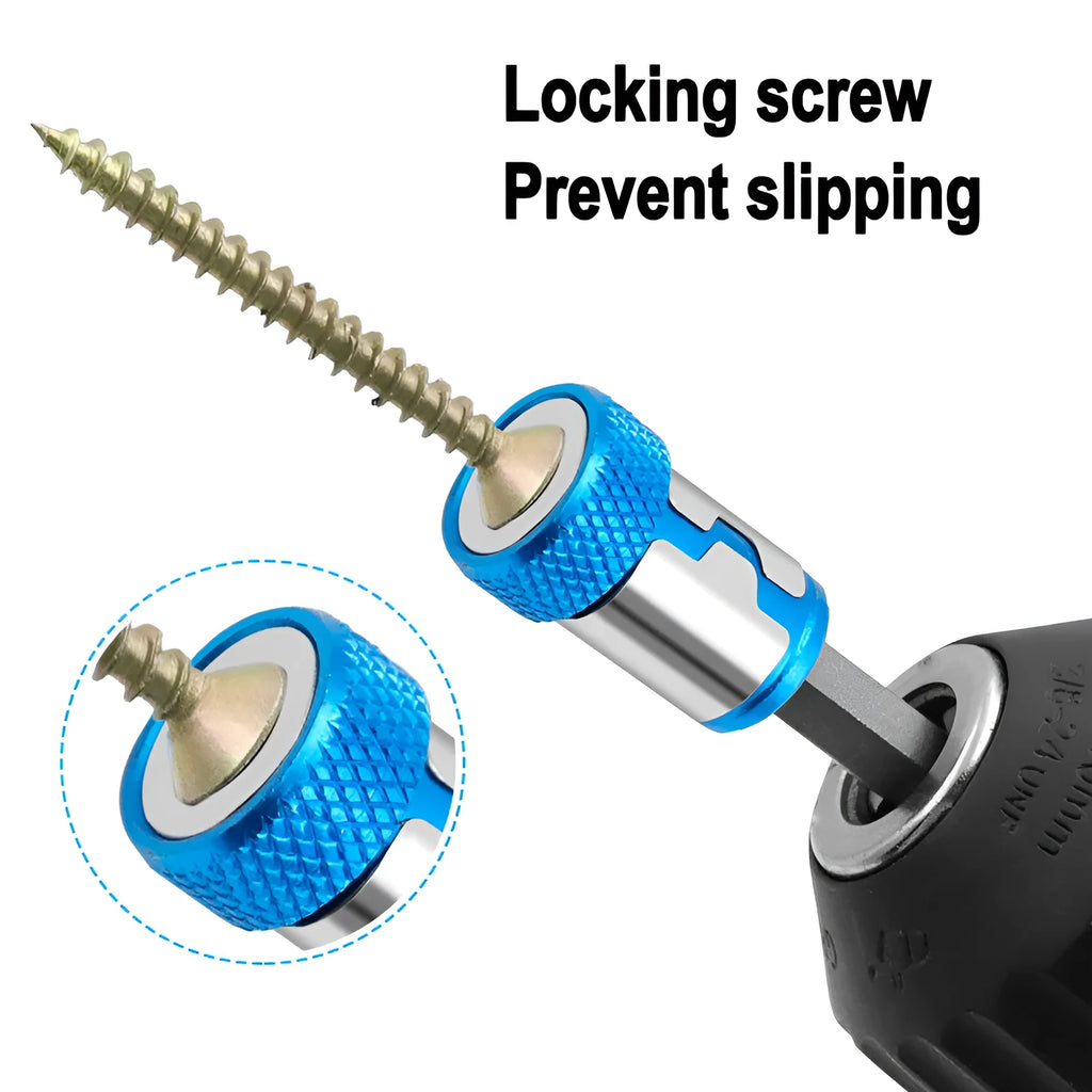 High carbon steel slotted screwdriver bit with a light blue magnetic ring.