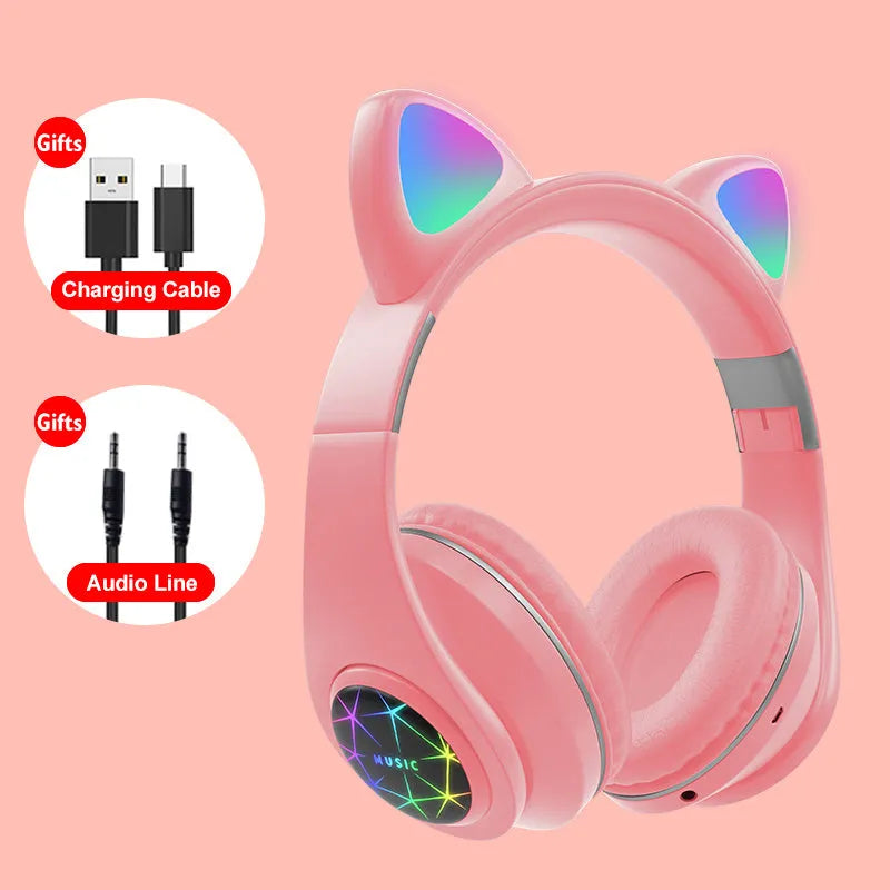 Cat ear wireless sports Bluetooth headset in various colours showing head-mounted design and earpieces