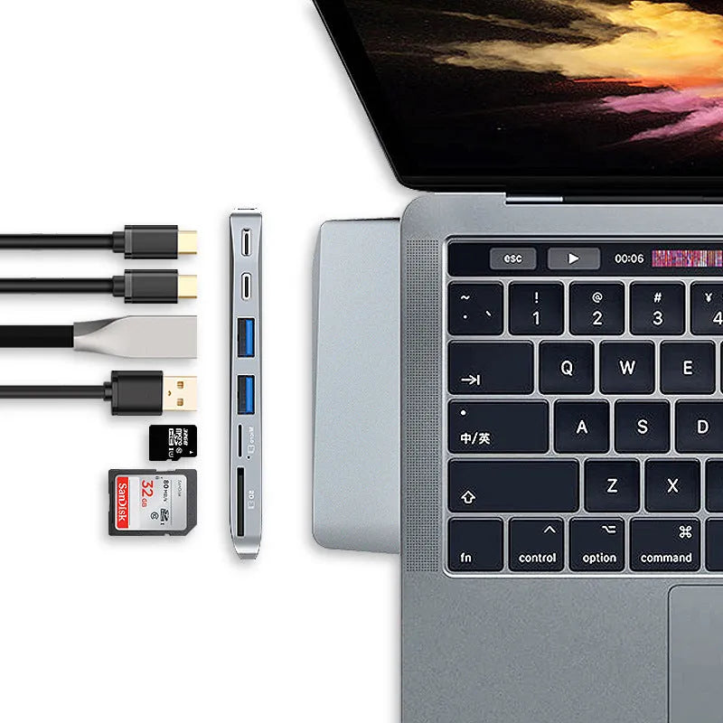 8-in-1 USB-C hub for MacBook Pro with dual USB-C plugs and multiple ports