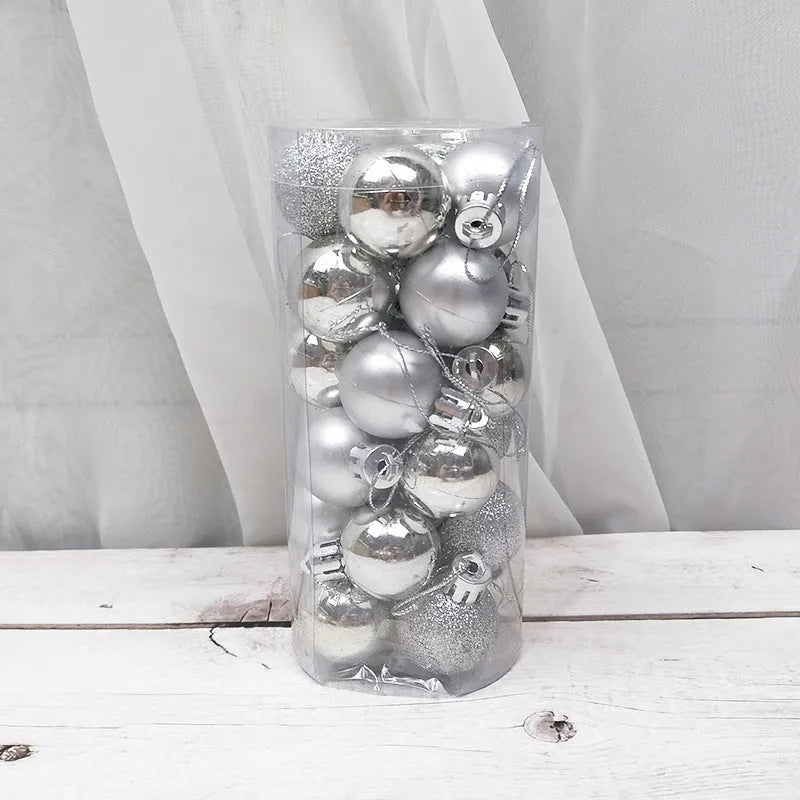 Assorted 3cm diameter electroplated plastic Christmas balls stored in a tall plastic barrel