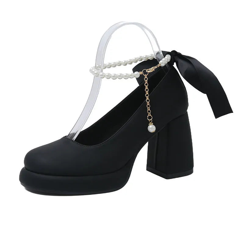 Women's beige Mary Jane shoes with chunky heel, pearl decoration, and ankle-strap buckle