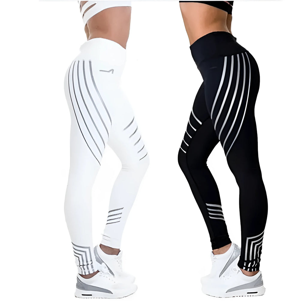 Women's black and white milk silk fitness leggings with glowing print patterns, slim fit full-length design.