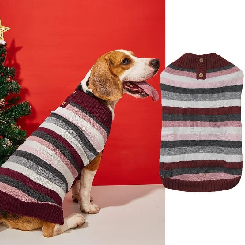 Grey acrylic dog sweater on a mannequin, showing horizontal zipper and button pocket.