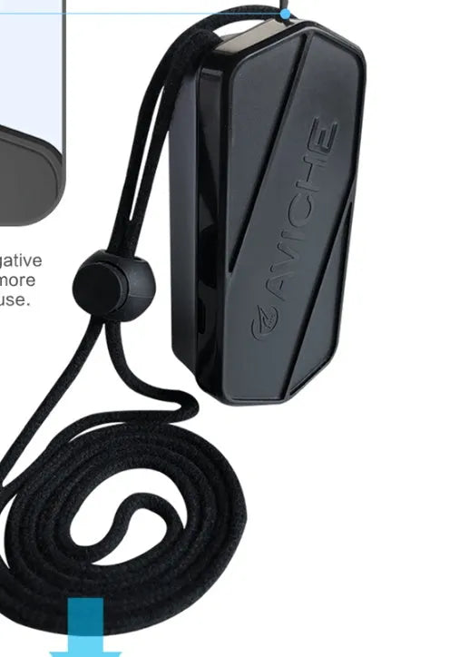 Black plastic wearable air purifier necklace device showing front view with dimensions.