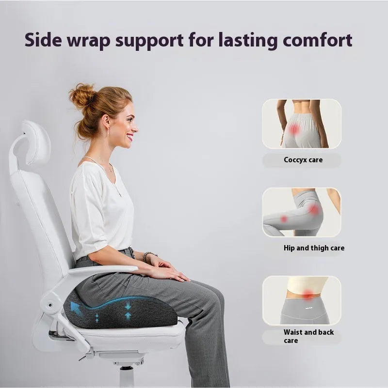 Memory foam office chair cushion in light grey colour showing 12cm thickness