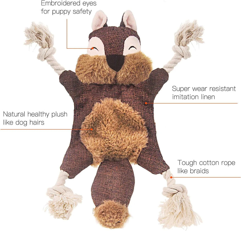 Brown fox-shaped plush dog toy with embroidered eyes, cotton rope limbs, and a squeaker.