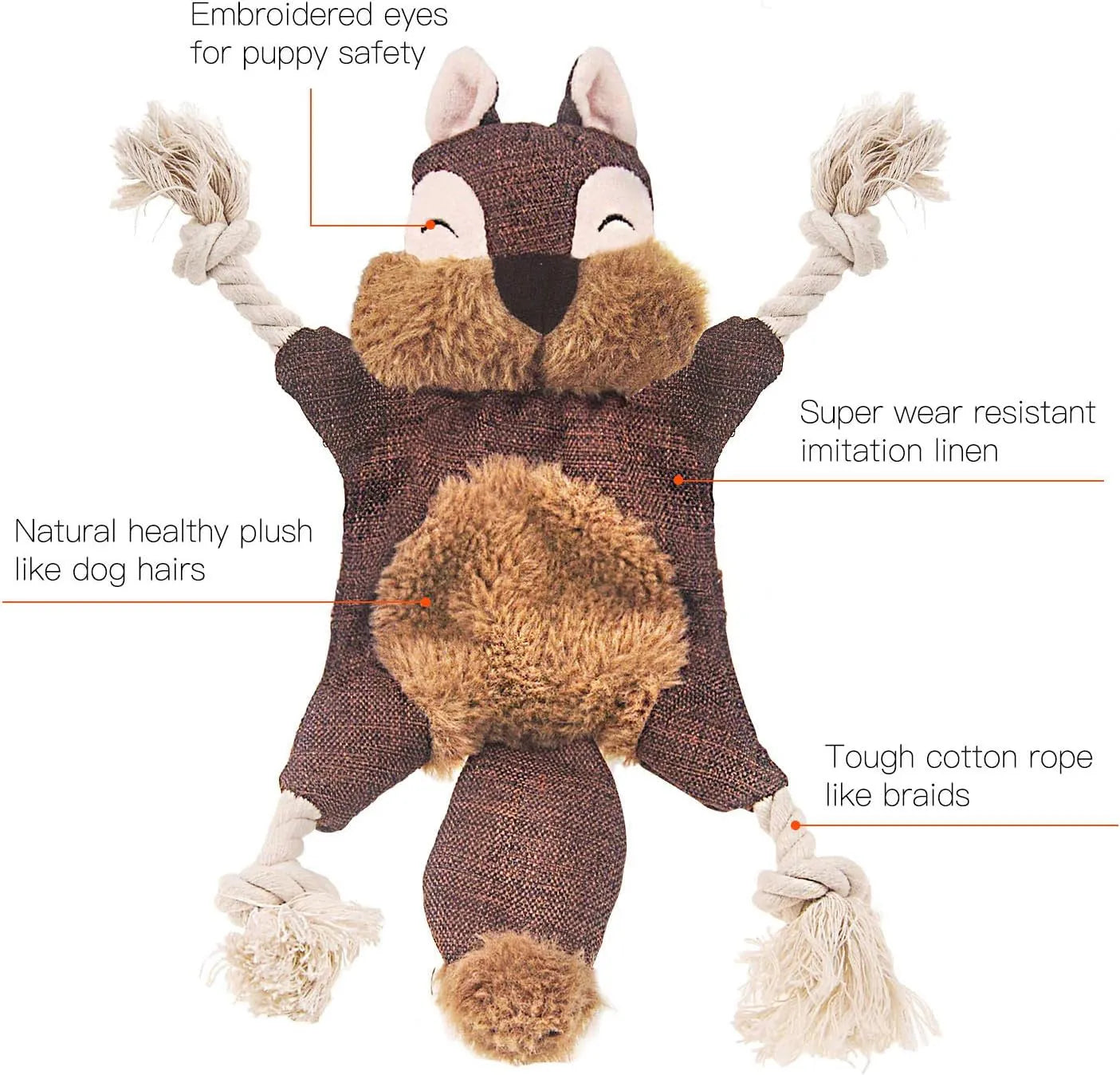 Brown fox-shaped plush dog toy with embroidered eyes, cotton rope limbs, and a squeaker.