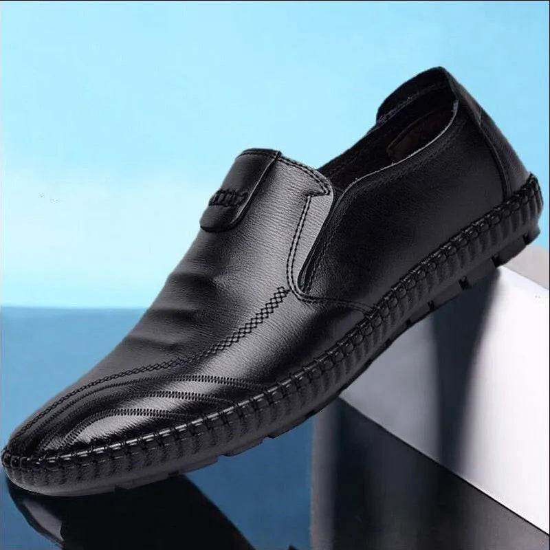 Men's black and brown PU leather business shoes with plain toe and flat heel.