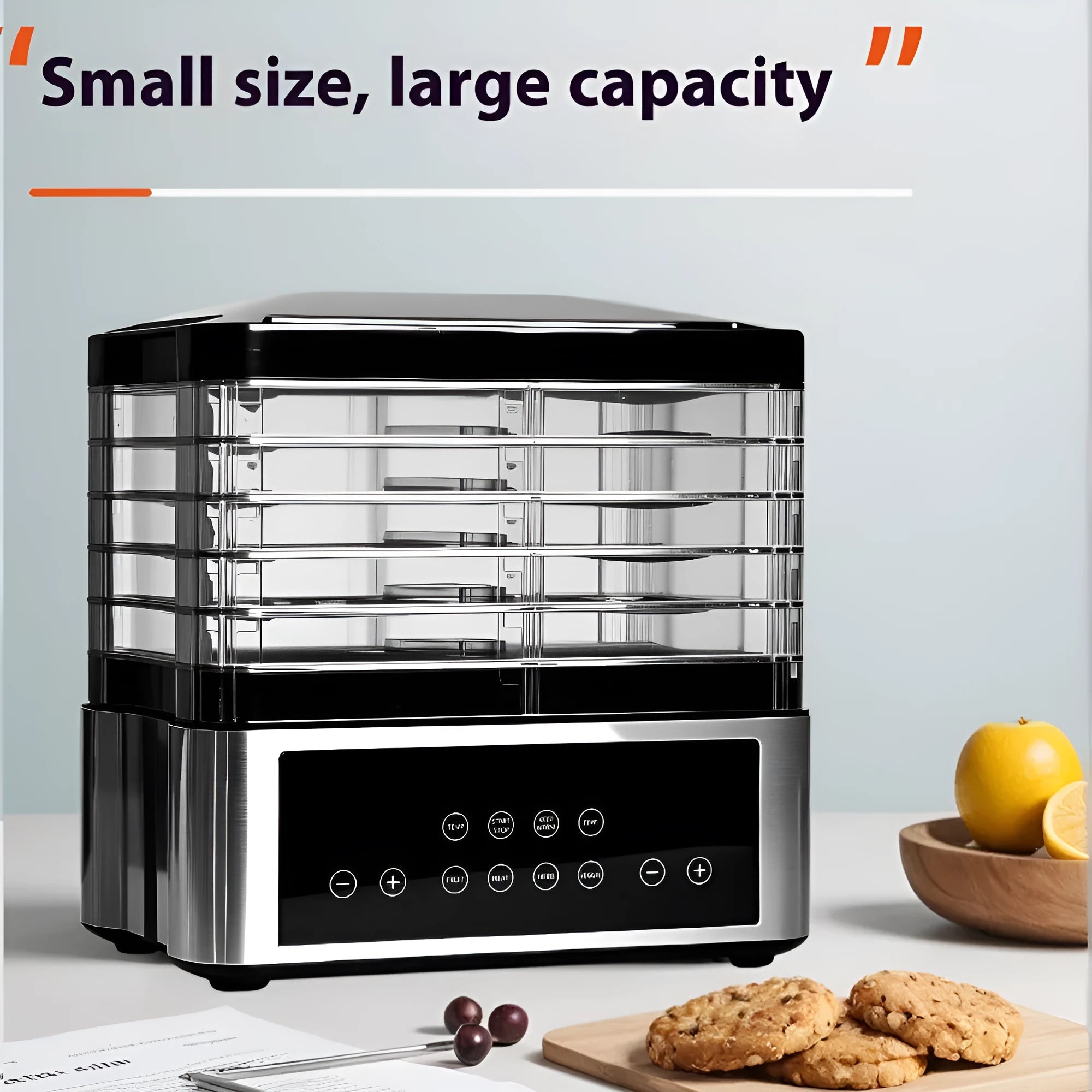 Silver stainless steel household fruit dehydrator with 14L capacity and temperature control dial