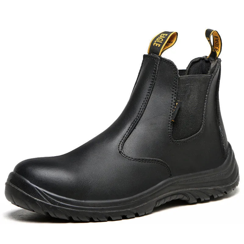 Black high-top leather safety work boots with anti-piercing sole