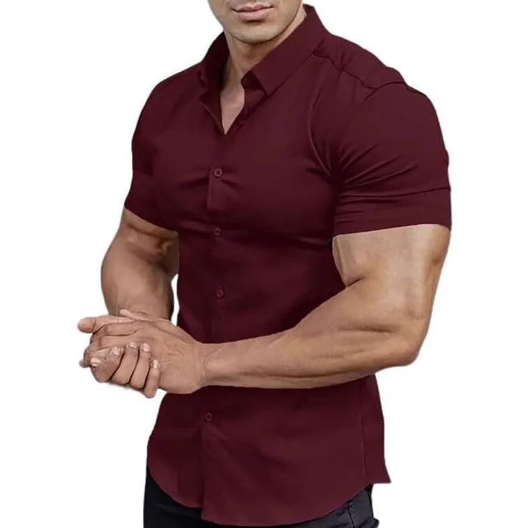 Men's brown short sleeve casual cardigan shirt with a collar.