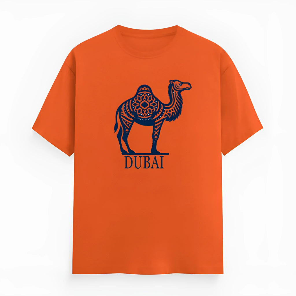 Orange loose-fit cotton t-shirt with short sleeves and a round neck collar on a hanger