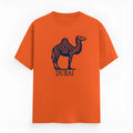 Orange loose-fit cotton t-shirt with short sleeves and a round neck collar on a hanger